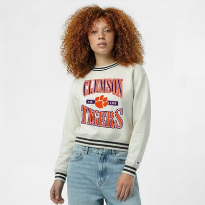  Clemson Tigers Champion Women's Yarn Dye Rib Reverse Weave Crew Sweatshirt - White